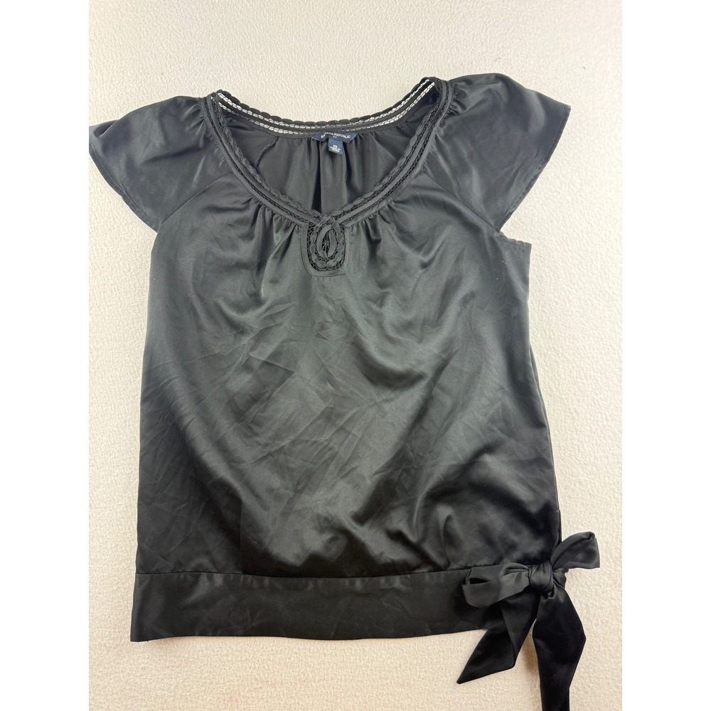 Banana Republic Black Satin Cap Sleeve Blouse Crochet Trim Side Tie Bow XS